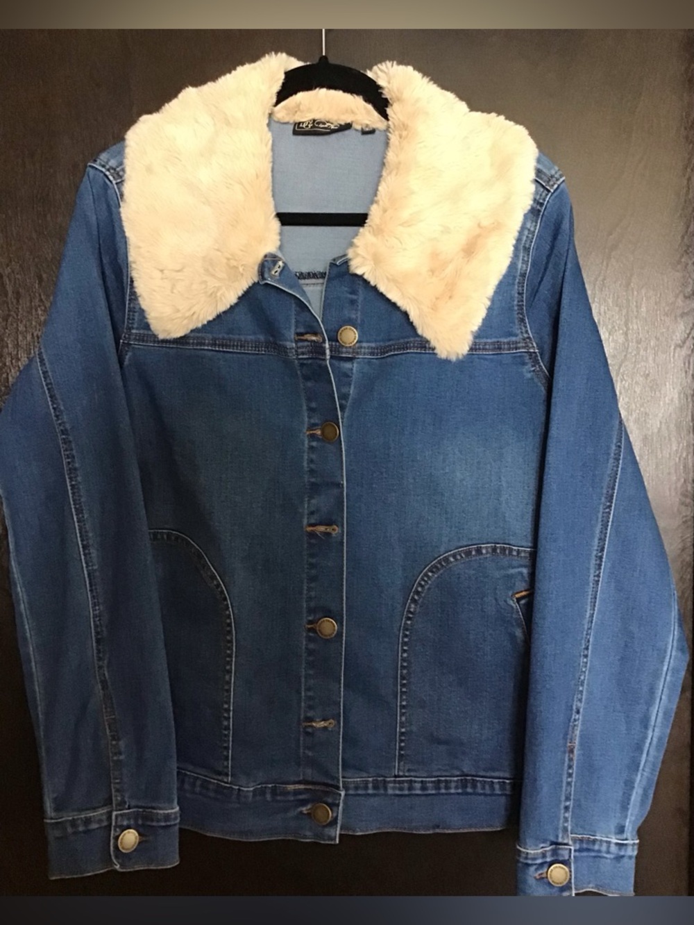 DG2 by Diane Gilman Blue Denim Jacket with Cream Faux Fur Collar